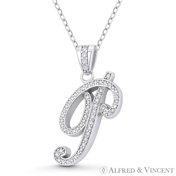 Initial Letter "P" Cursive Script CZ Crystal Pendant in .925 Sterling Silver - Picture 1 of 1